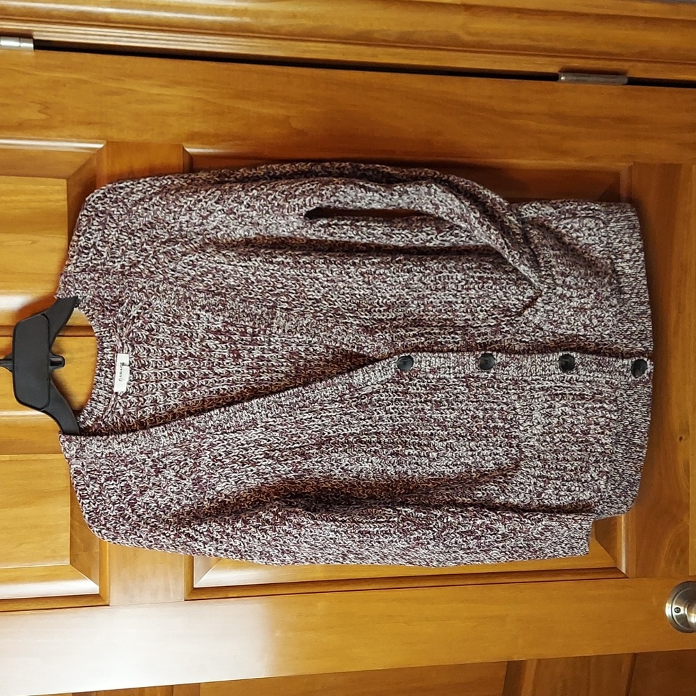 Garage Marled Burgundy and White Knit Cardigan Sweater Front Pockets, Size Small